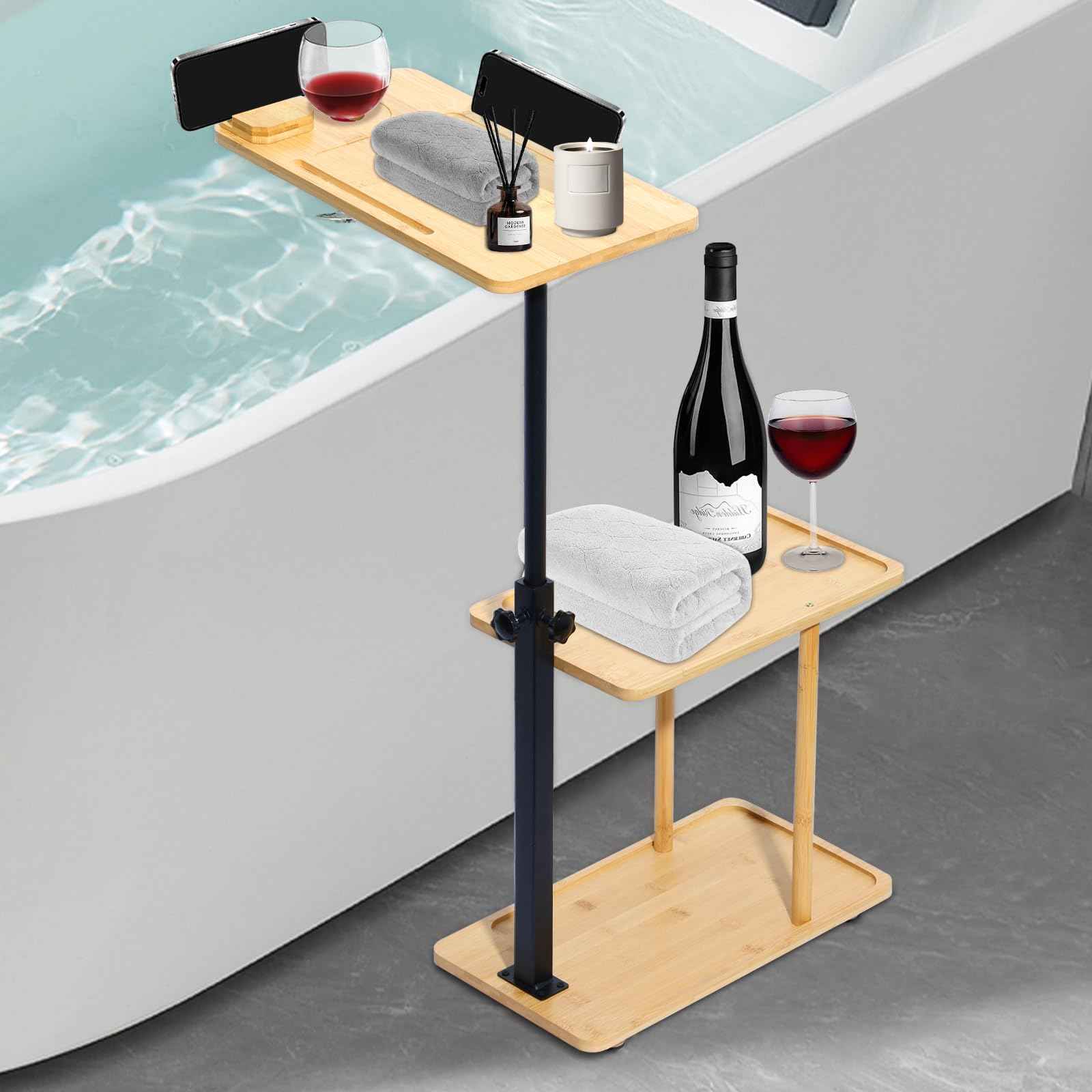 3 Layer Bath Tub Tray Table, Liftable Freestanding Bamboo Bath Tray Caddy for Tub Against Wall, Bath Table Tray Tub Shelf Bathroom Organizer Shelf for Luxury Spa and House Warming New Home