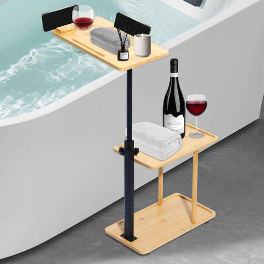 3 Layer Bath Tub Tray Table, Liftable Freestanding Bamboo Bath Tray Caddy for Tub Against Wall, Bath Table Tray Tub Shelf Bathroom Organizer Shelf for Luxury Spa and House Warming New Home
