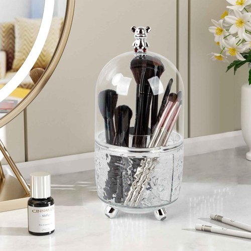 CECOLIC 360° Rotating Makeup Brush Organizer with Lid, Dustproof Cosmetic Tools Organizer with Cover, Makeup Brush Holder Organizer for Vanity, Bathroom Countertop, Desktop Dresser