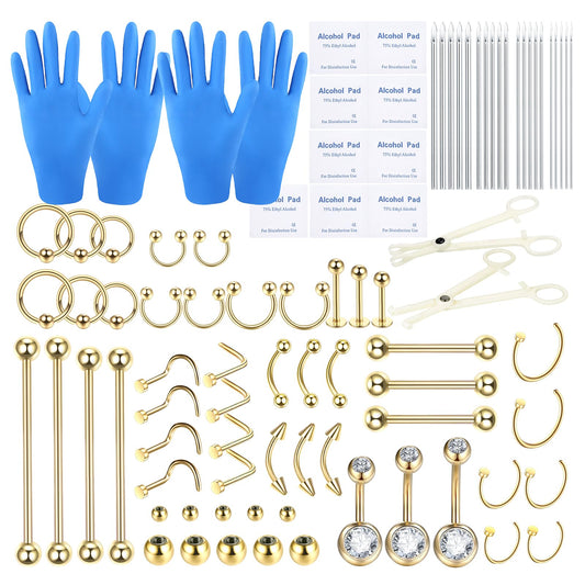 BLZ 90PCS Mixed-pack Piercing Kit Stainless Steel 14G 16G 18G 20G Piercing Needle with Nose Septum Lip Tongue Tragus Cartilage Daith Eyebrow Belly Button Rings Retainer Piercing Jewelry gold