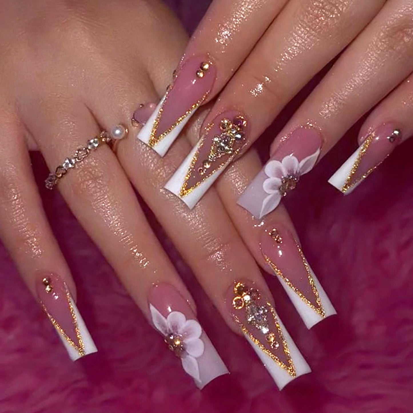 White French Tip Press on Nails Long Square Fake Nails with 3D Gold Rhinestones Designs Pink Translucent Nails Press ons Flowers & Glitter Stick on Nails for Women 24 Pcs