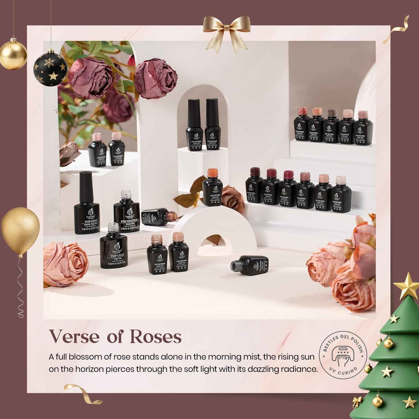 Beetles Fall Gel Nail Polish Set, 23Pcs Brown Burgundy Red Nude Pink Gel Polish Set with Base Top Coat Verse of Roses Kit, Soak off Uv Gel Golden Glitter Holiday Nail for Women