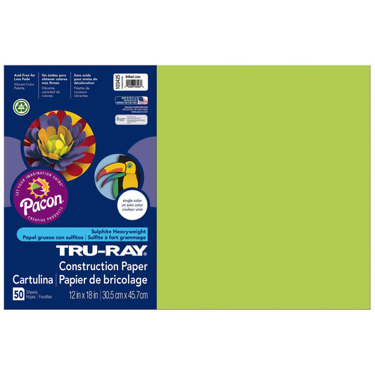 Tru-Ray® Construction Paper, 50% Recycled, 12" x 18", Brilliant Lime, Pack Of 50