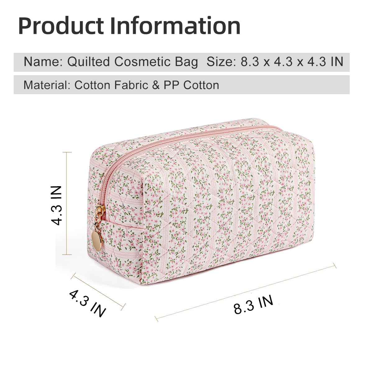 Gleyemor 2 Pieces Quilted Makeup Bag, Cute Floral Cosmetic Bag for Women, Cotton Make Up Bag Set, Flower Travel Toiletry Bag Tote Pouch Organizer (Pink Floral+ Pink Rose)