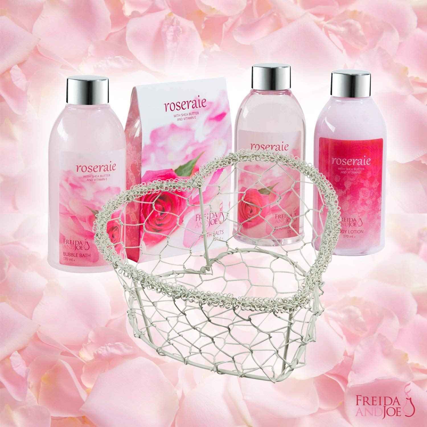 Heart Pink Rose Spa Bath and Body Gift Basket for Women with Shower Gel, Bubble Bath and Body lotion and Bath Salt Bath Gift Set