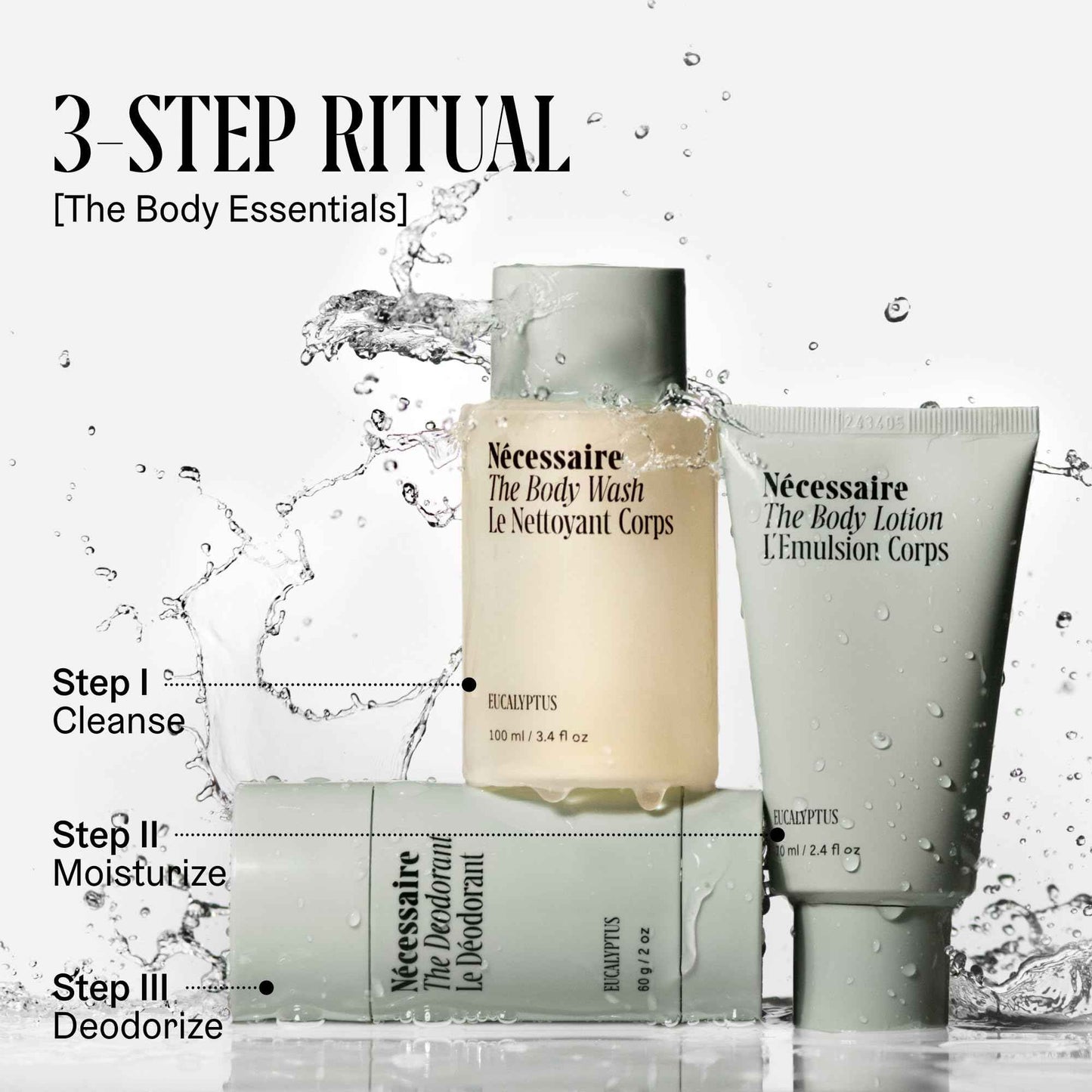 Nécessaire Body Essentials - Skin Care Gift Set For Women + Men - Travel-Size Body Wash, Body Lotion + Deodorant | Dermatologist-Tested. Hypoallergenic | Vegan | Aluminum-Free Deodorant (Eucalyptus)