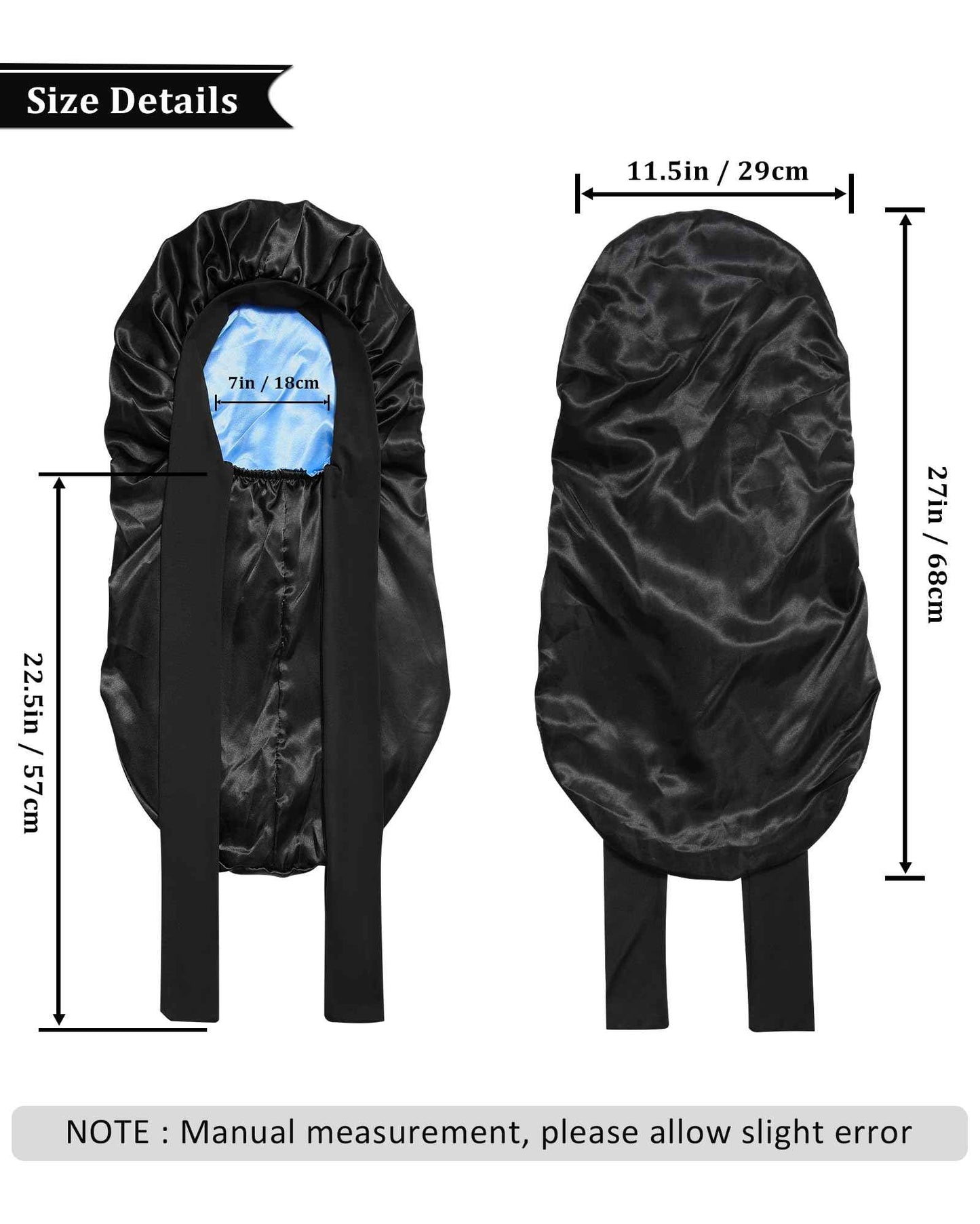 AWAYTR Long Satin Bonnet for Sleeping - Double Layer Reversible Silk Bonnet for Long Hair Women Sleeping Cap with Tie Band (Black+Light Blue)