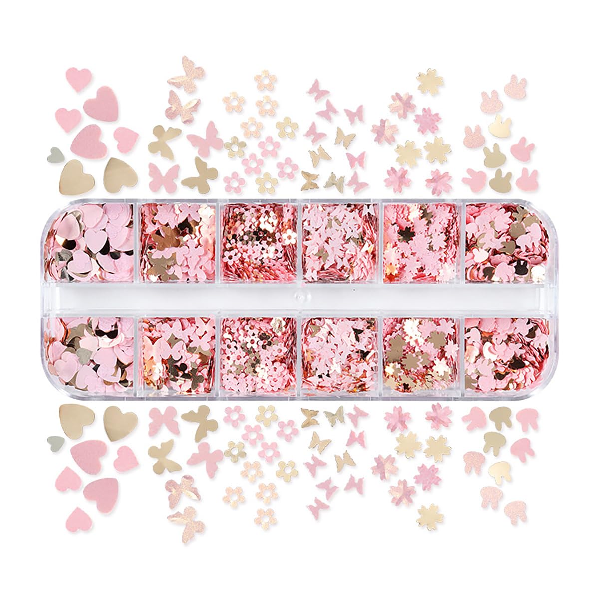 12 Grids Gold Pink Nail Glitter Sequins 3D Cherry Blossoms Butterfly Nail Glitter Flakes Rabbit Love Heart Nail Sequins Supplies Sparky Cute Nail Art Decorations for Women Nail Charms Accessories