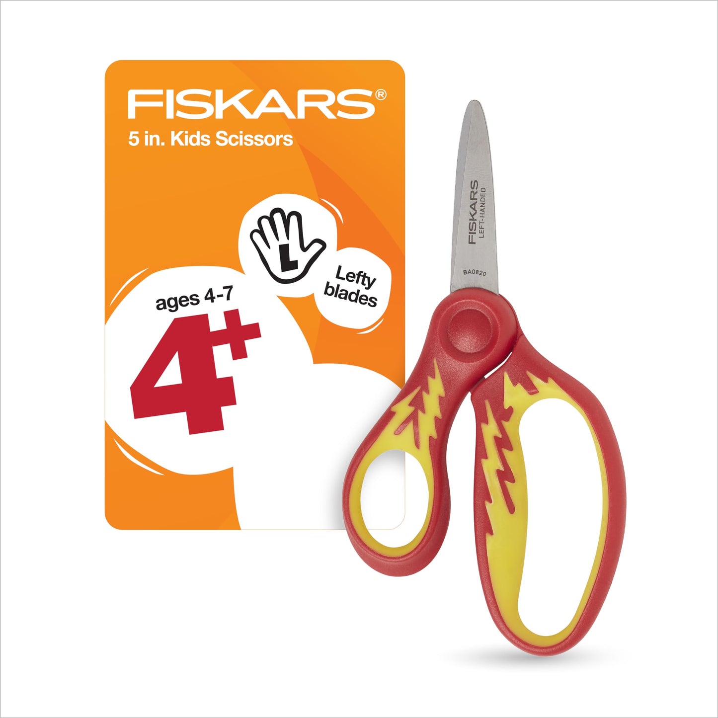 Fiskars 5" SoftGrip Left-Handed Pointed-Tip Scissors for Kids Ages 4-7, For School or Crafting, Back to School Supplies, Red Lightning