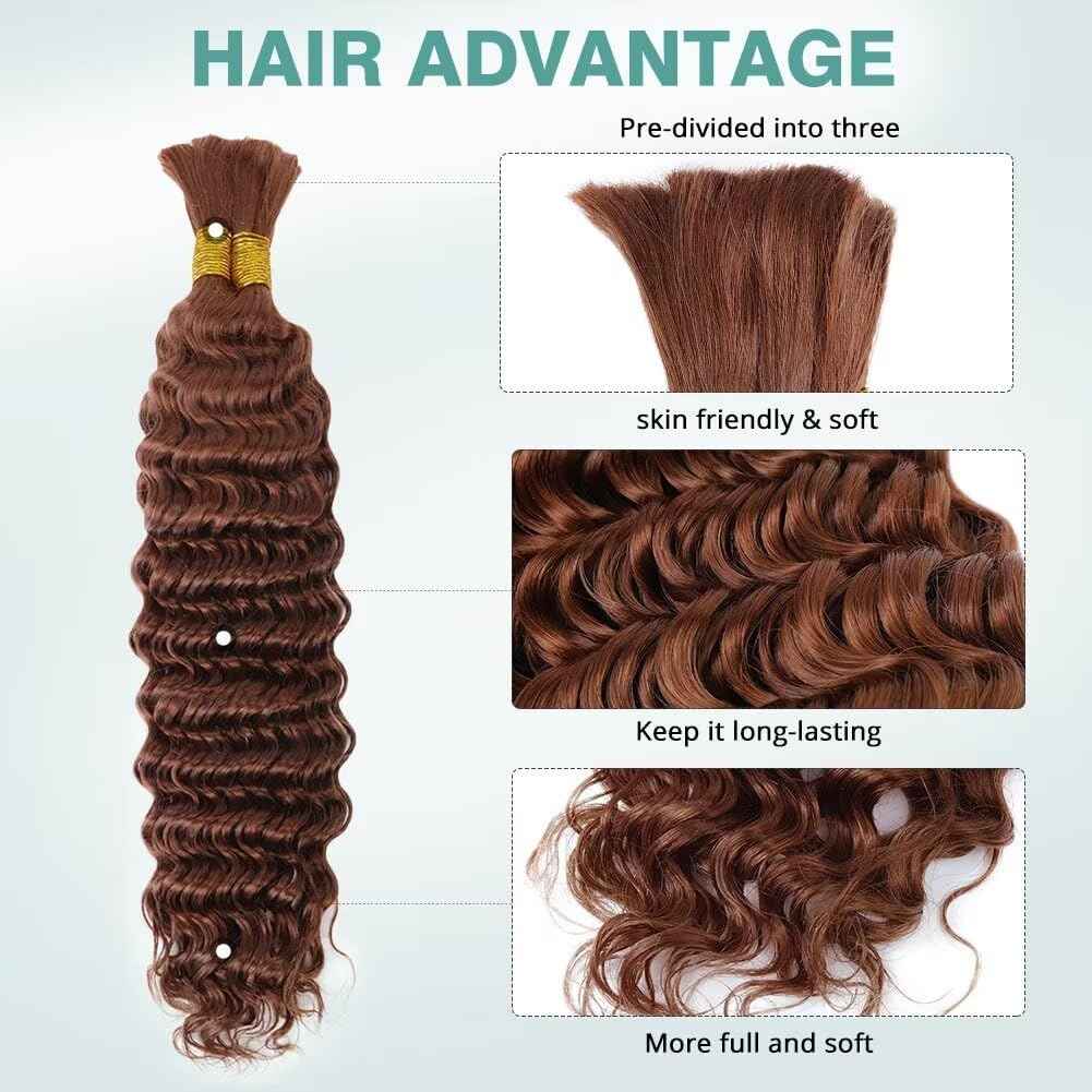16 Inch 100g Deep Wave Human Braiding Hair 2 Bundles/Pack Deep Curly Bulk Human Braiding Hair for Boho Braids Color 30# No Weft 100% Human Brown Braiding Hair Extensions for Micro Braiding