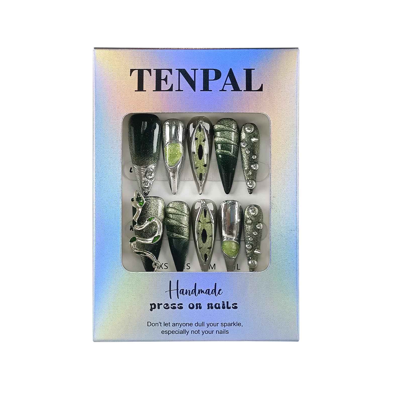 TENPAL Long Stiletto Press on Nails,Gothic Punk Green Cat Eye Nails Glow & 3D Snake with Gem,Black Silver Metallic Fake Nails Kits,10pcs Soft Gel False Nails with Steel Bead for Party Gifts(S)