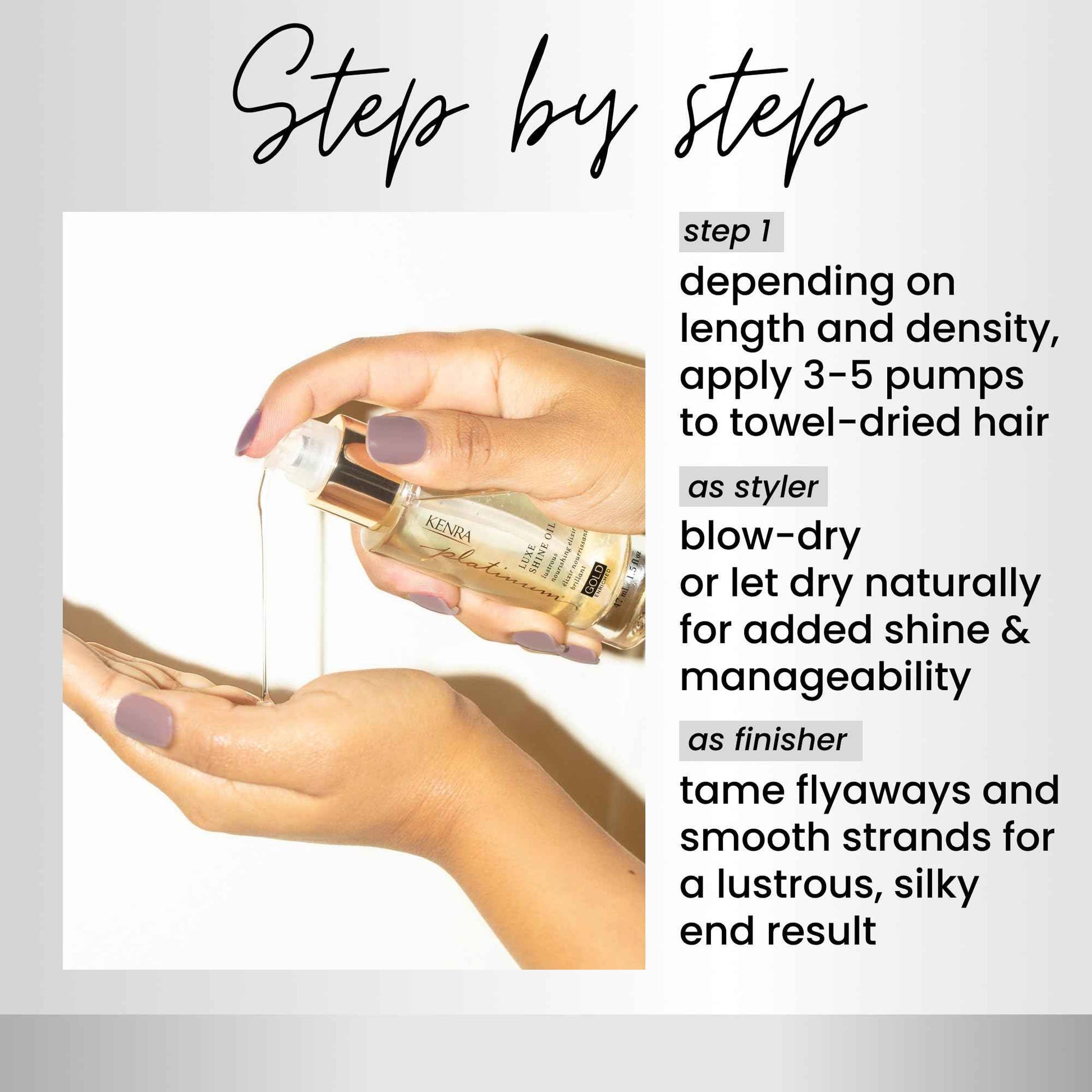 Kenra Professional Platinum Luxe Shine Oil | Gold Enriched Nourishing Elixir |Enhances Shine & Manageability | Thermal Protection Up To 450F | Medium To Coarse Hair | 1.5 fl. Oz