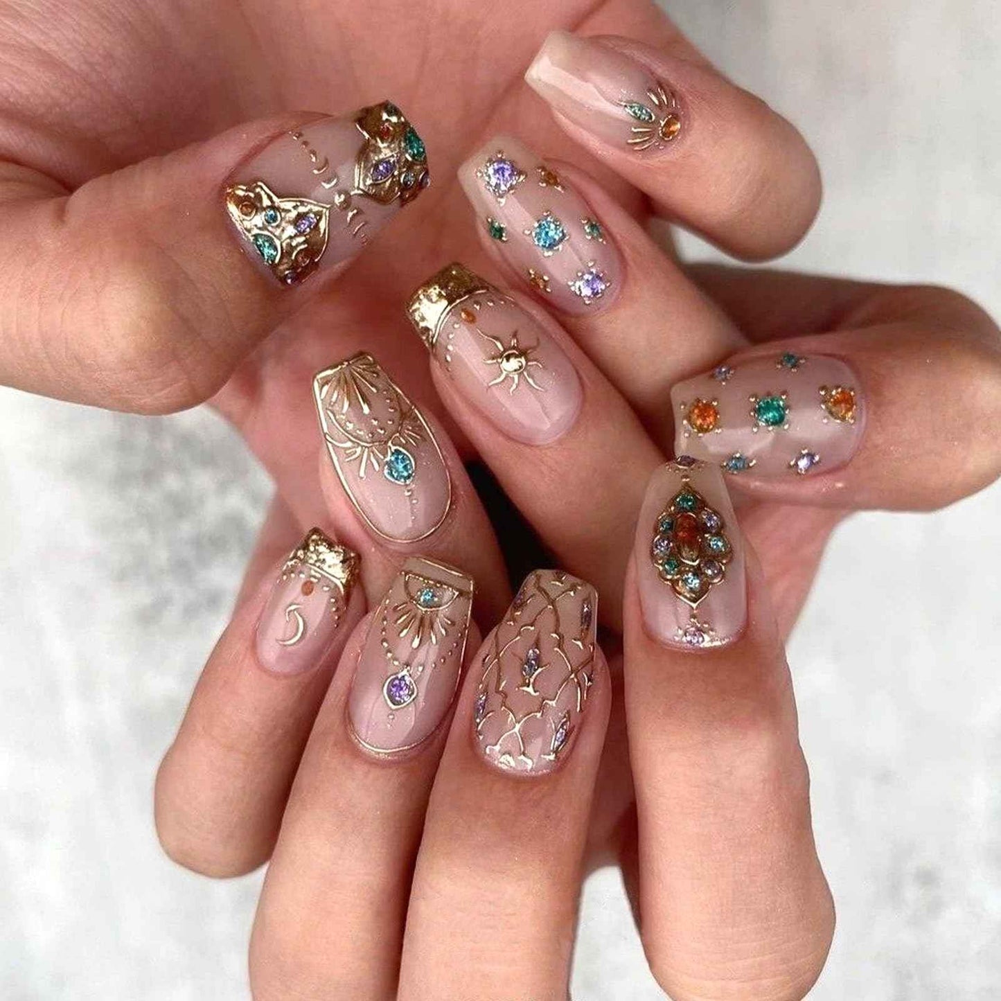 MUIIIGOOD 2 Sheet Sun Moon Stars Boho Nail Stickers Charms for Nail Art 5D Embossed Bohemian Style Floral Nail Decals Metallic Gold Sun Moon Star Luxury Celestial Nail Art Stickers Supplies for Women