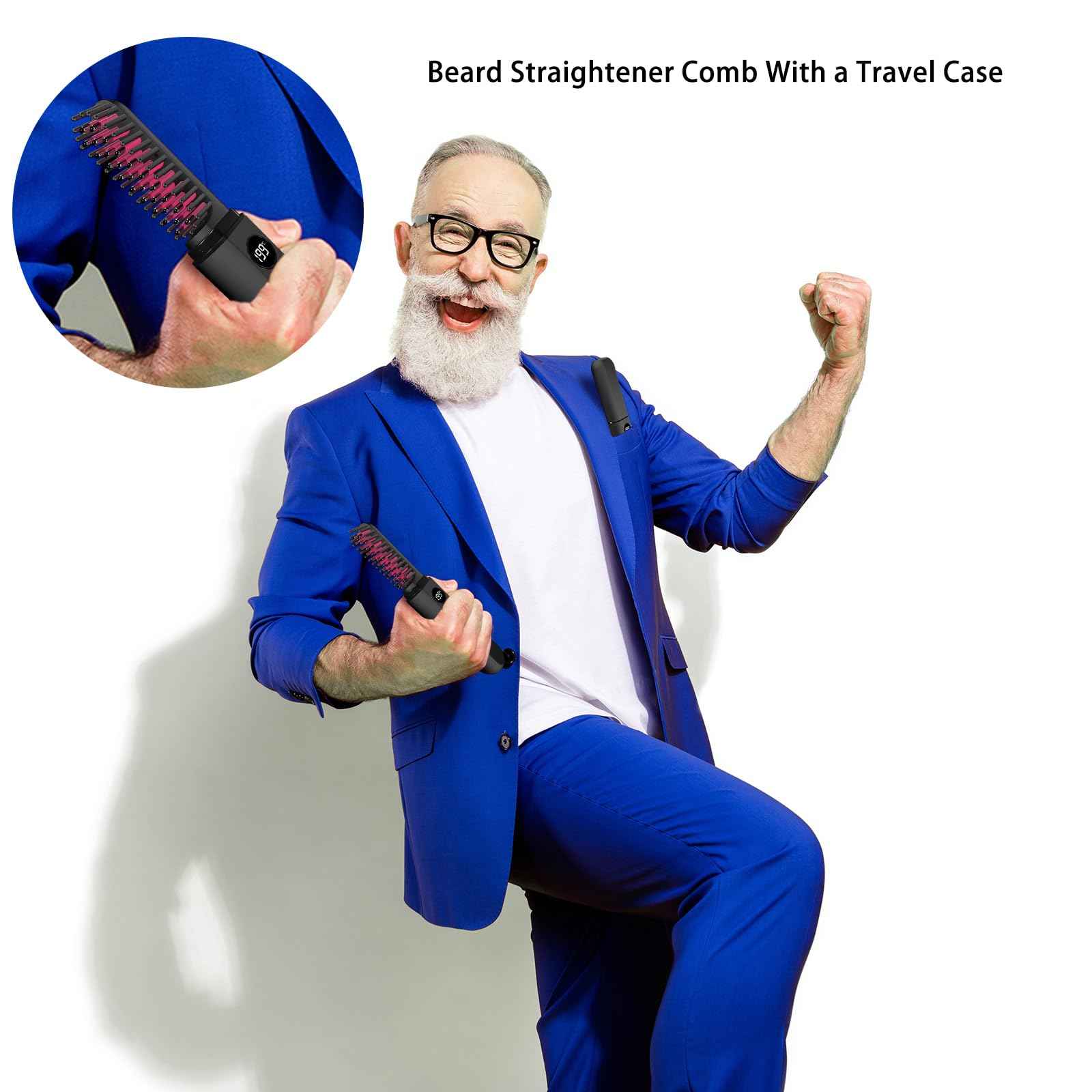 Beard Straightener for Men, Heated Beard Brush, Cordless Beard Hot Comb for Medium to Long Beards, with Travel Case, Rechargeable, 3 Temp Settings, Ionic Technology, Grooming Gift for Men(Black)