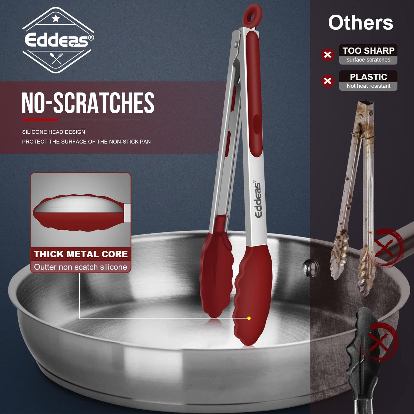 EDDEAS Tongs For Cooking - 7",9" and 12 inch Kitchen Tong with Silicone Tip,Heat Resistant 600 Degrees Metal Locking Tongs - for cooking,Salad and Barbecue,Red Set of 3