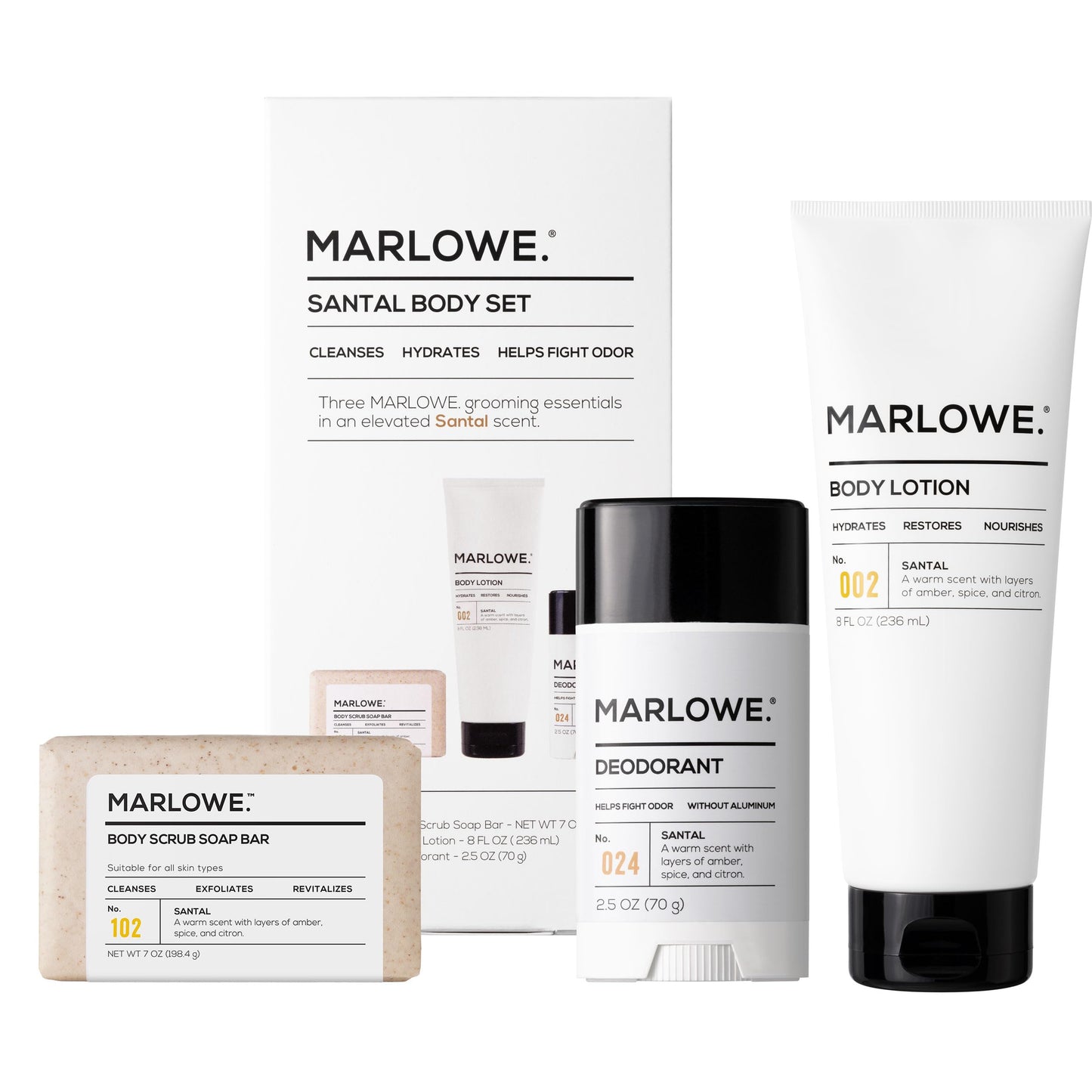 MARLOWE. Men's Grooming Santal Body Set, Features No. 102 Body Scrub Soap Bar, No. 024 Deodorant & No. 002 Body Lotion, Warm Amber, Spice & Citron Scent