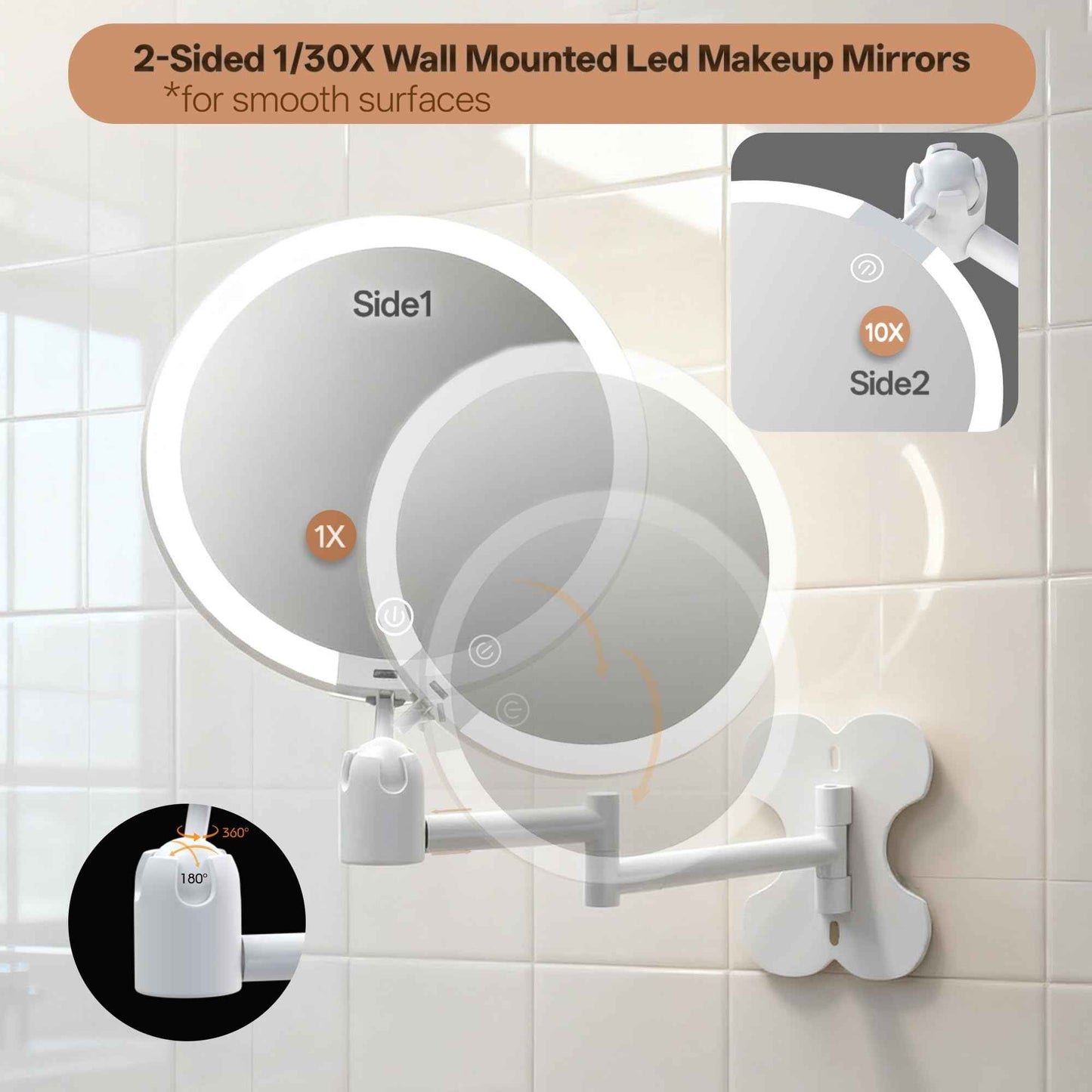 6" Led Wall Mounted Makeup Mirror Double Sided 1/20X, 1-Second Install Lightweight Compact Wall Mirror with Light, Rechargeable Extendable Magnifying Mirror for Bathroom, Wall Vanity Mirrors (1+20X)