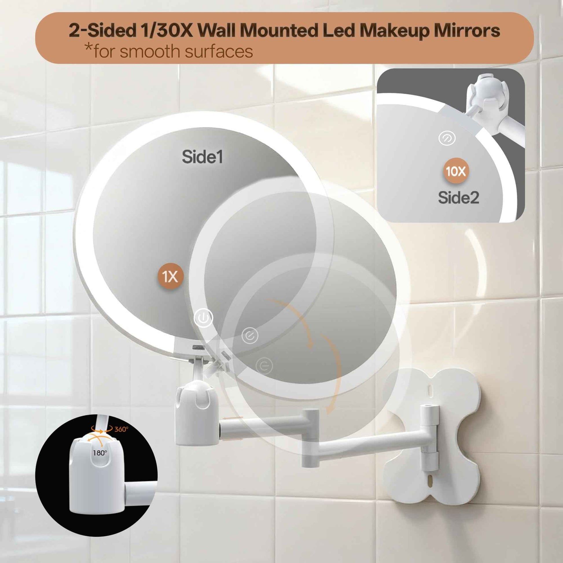 6" Led Wall Mounted Makeup Mirror Double Sided 1/20X, 1-Second Install Lightweight Compact Wall Mirror with Light, Rechargeable Extendable Magnifying Mirror for Bathroom, Wall Vanity Mirrors (1+20X)