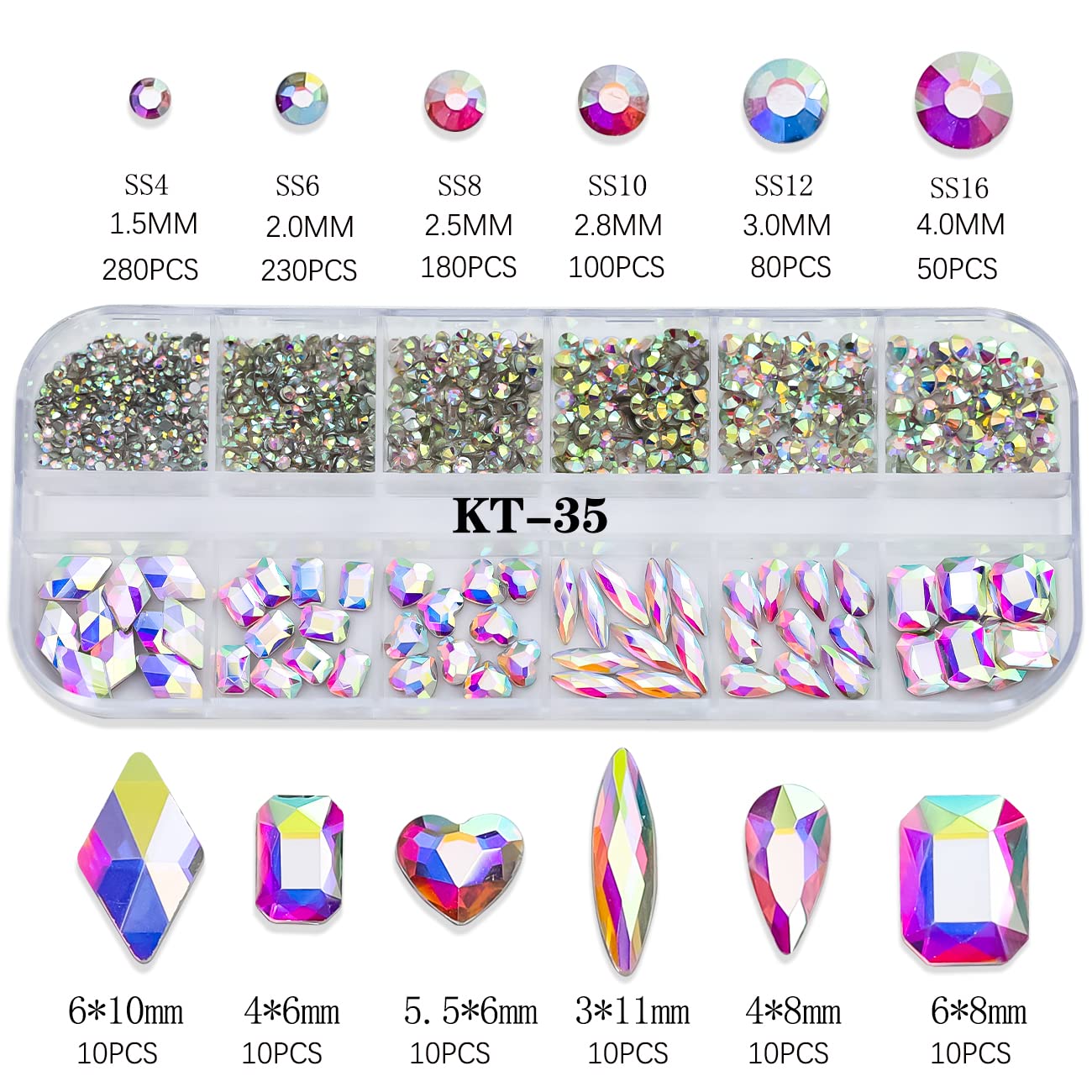 Nail Art Rhinestones Set, 12 Types Nail Art Rhinestones Kit, Nail Flat Rhinestones, Round Beads Crystals Multi Shapes Glass Crystal Rhinestones for DIY Nail Art Craft (KT-35-Crystal AB)