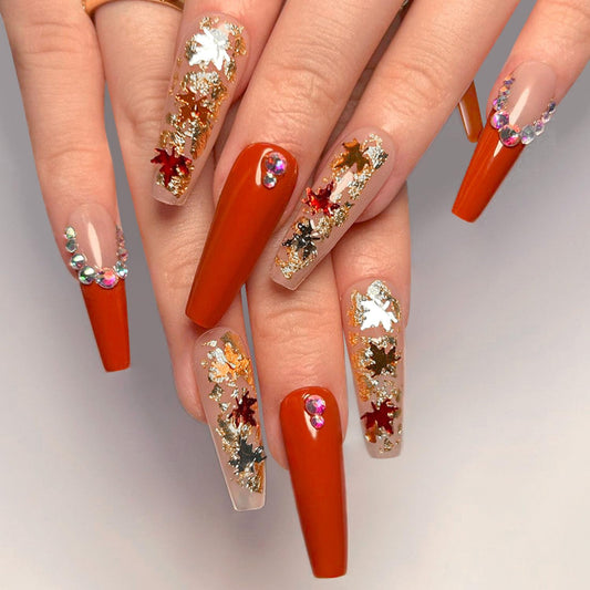 Red French Press on Nails Long Coffin Fake Nails Yellow Maple Leaves Glue on Nails Glitter Sequins Translucent Acrylic Nails Fall Extra Long Nails Glossy Rhinestone Stick on Nails for Women 24 Pcs