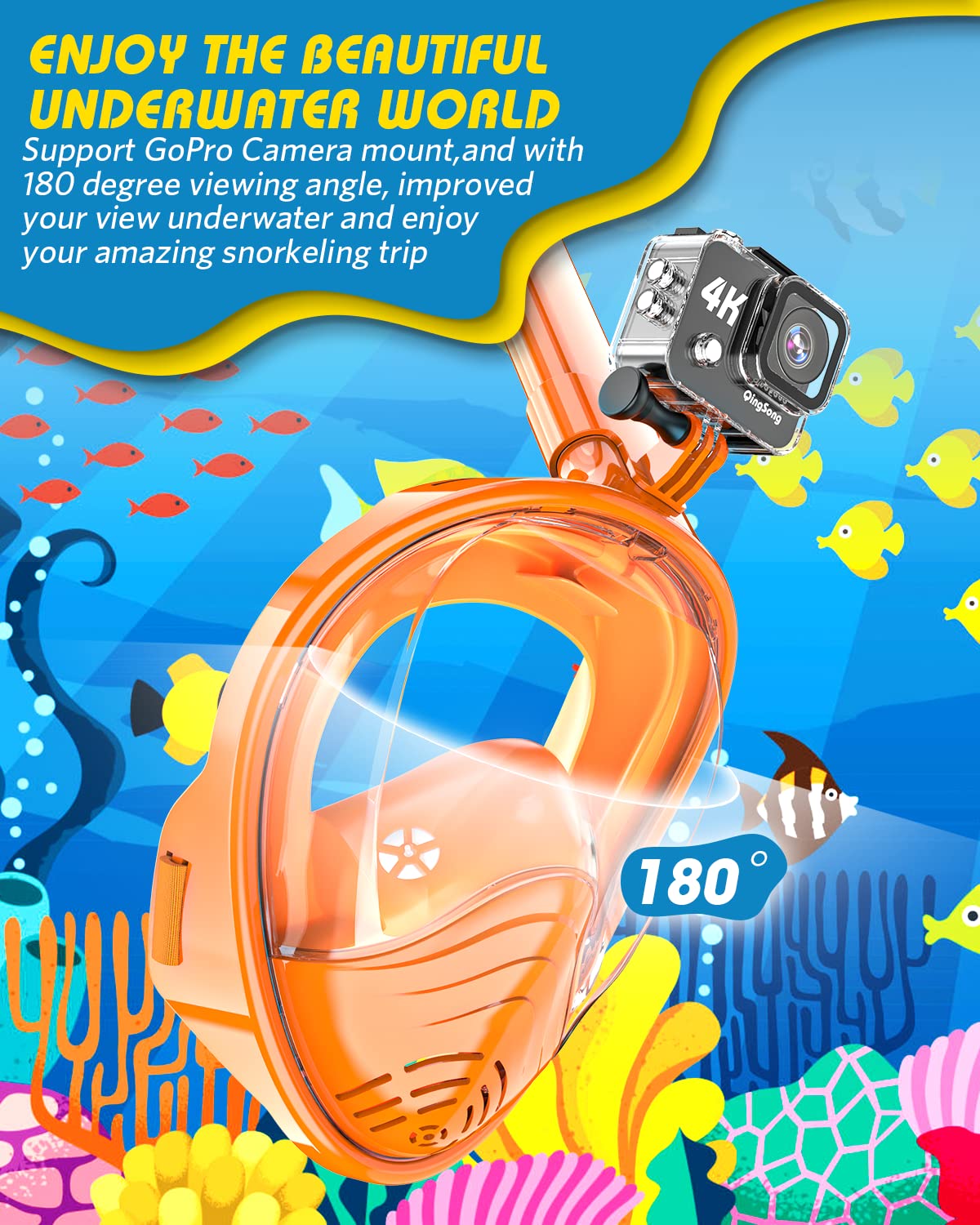 QingSong Kids Snorkel Mask Full Face, Snorkeling Set with Camera Mount, 180 Degree Panoramic View Snorkeling Gear Anti-Fog Anti-Leak