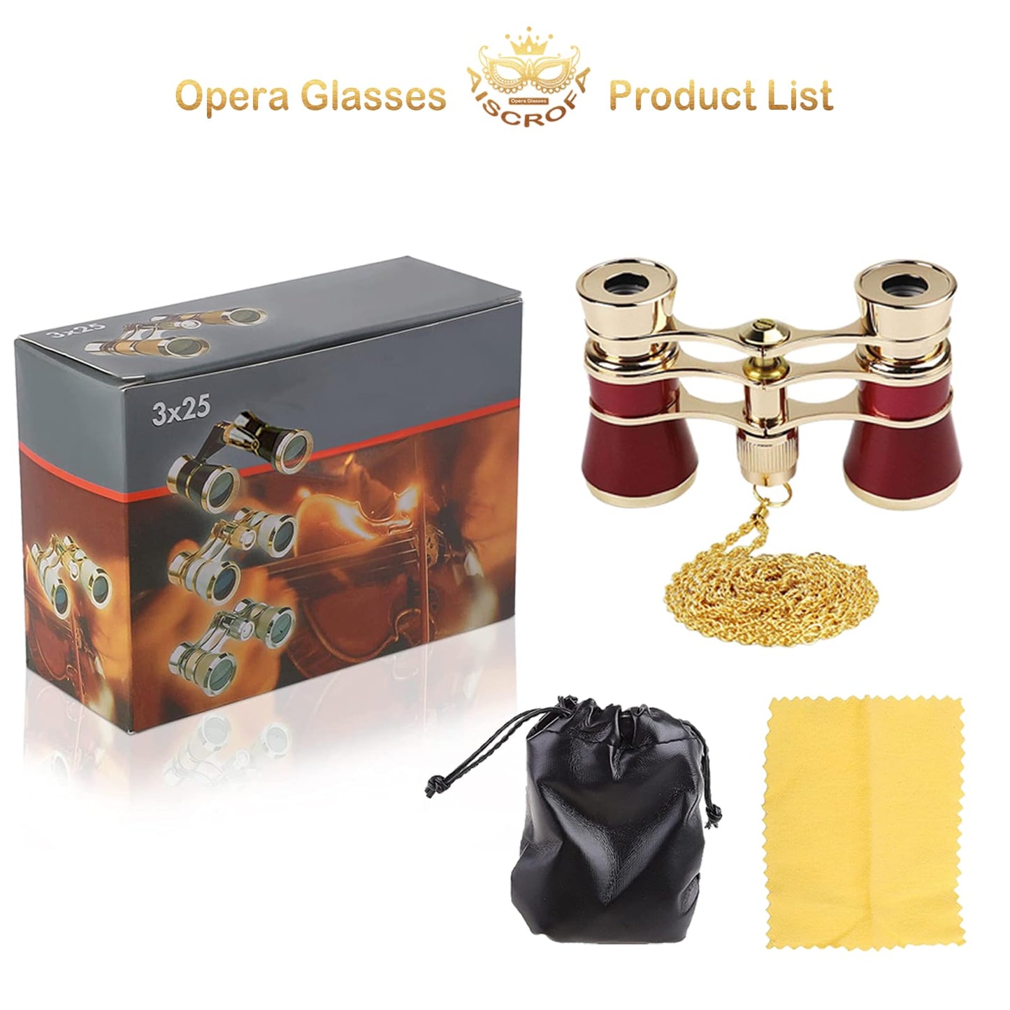 AiScrofa Opera Glasses Binoculars 3X25,Mini Binocular Compact Lightweight,with Chain for Adults Kids Women in Musical Concert (Red with Chain)