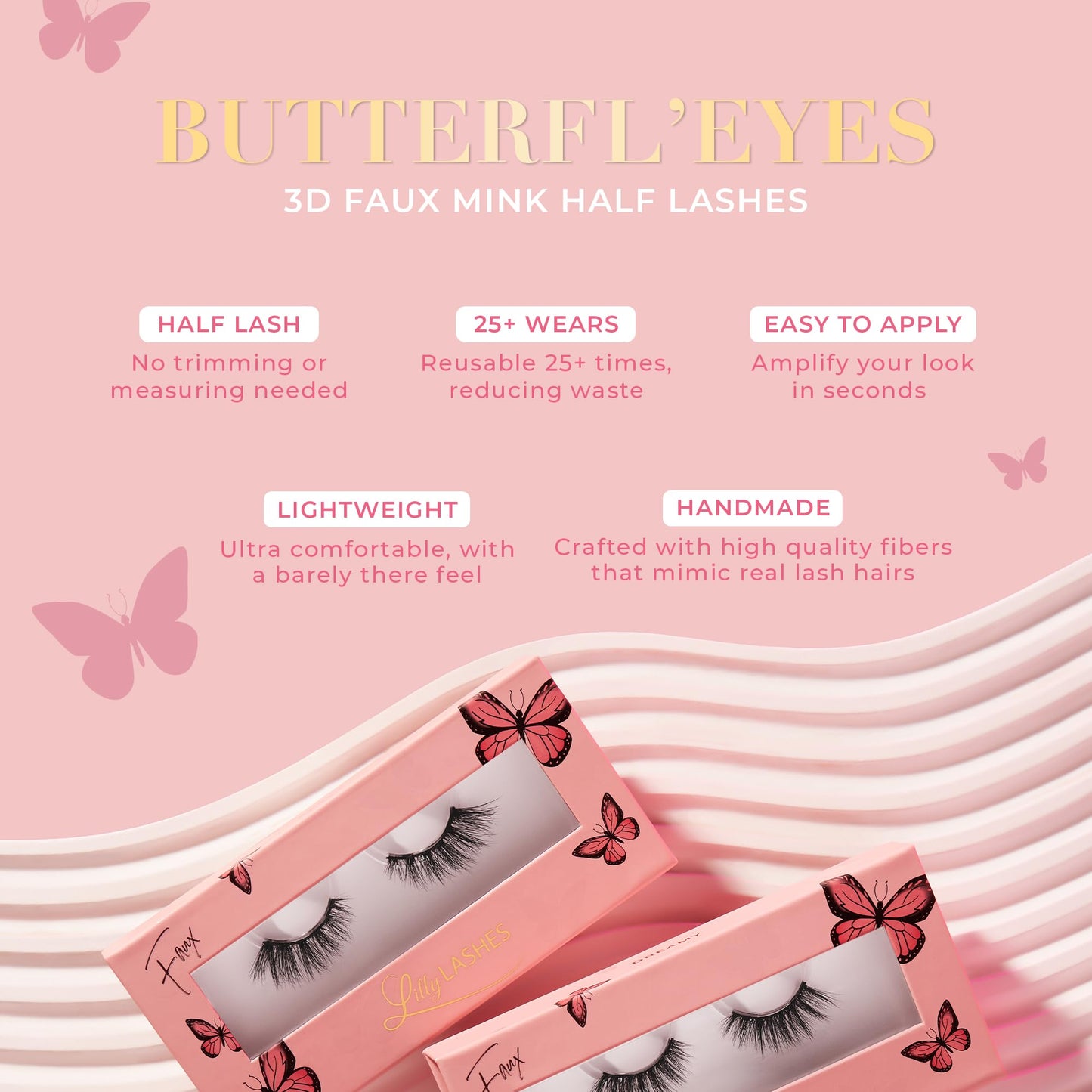 Lilly Lashes Butterfl'eyes Faux Mink Lashes, Half Lashes Natural Look & Feel, False Eyelashes, Reusable Eyelashes 20x, No Trimming + Easy to Apply, Round Style, Lash Glue not Included, 13mm (Heiry)