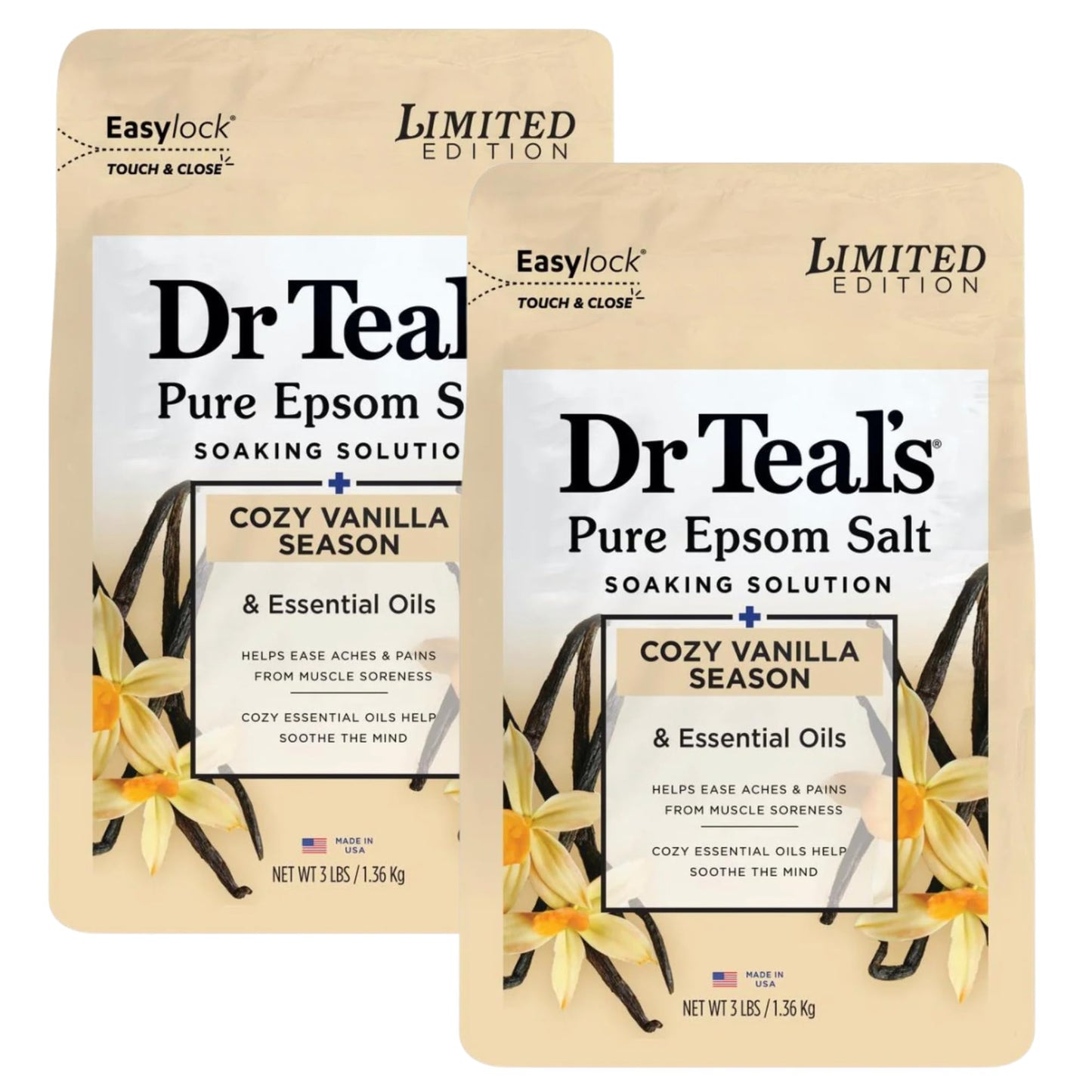 Dr Teal's Warm Autumn Comfort Pure Epsom Salt Soak, 3 lbs | 2-Pack of Limited Edition Seasonal Scent (Cozy Vanilla)