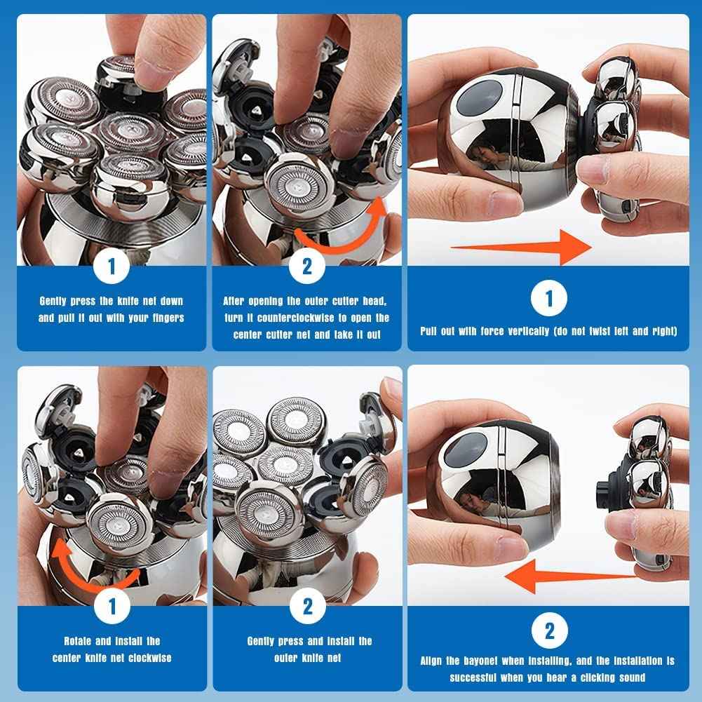 Head Shavers for Bald Men, Wjiang 6 in 1 Electric Razor Mens Shaver Wet Dry Cordless Electric Skull Shavers 7D Floating Rechargeable Bald Head Shaver Back for Men Father's Day Gifts