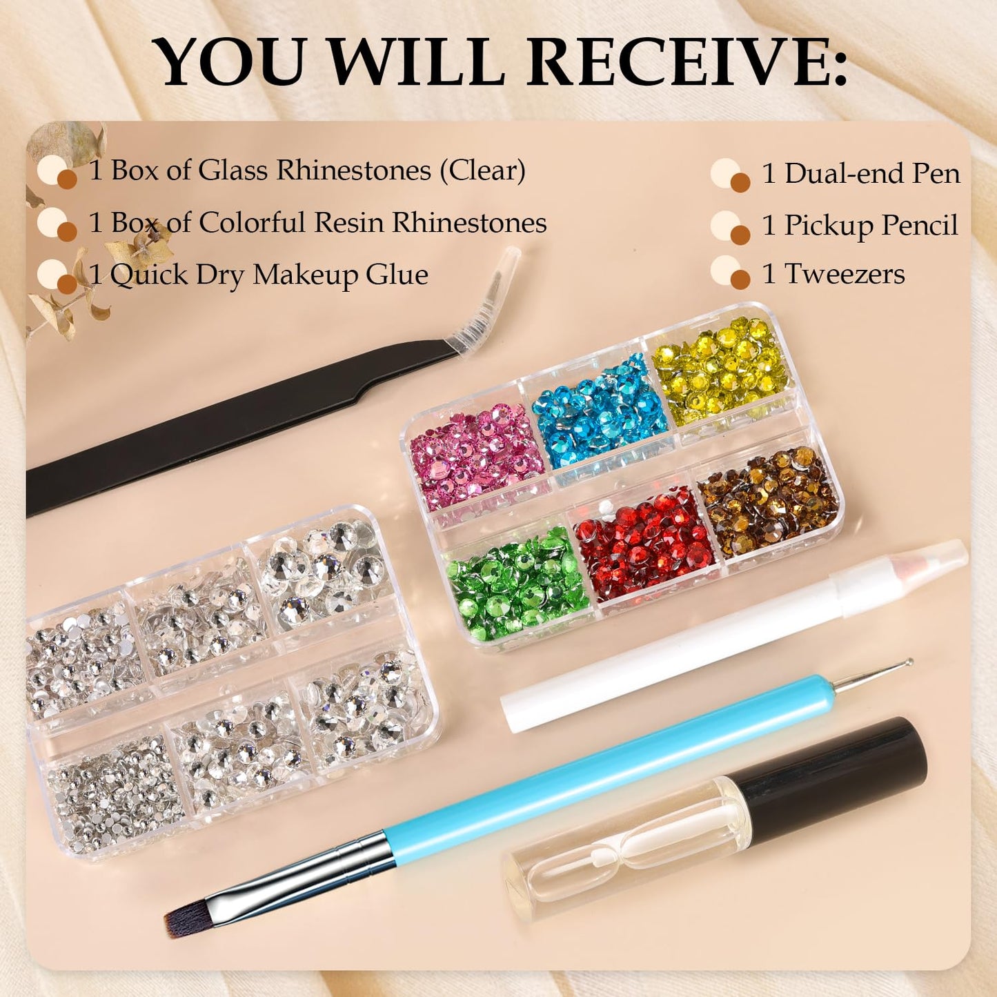 Colorful Face Gems Kit with Makeup Glue, 2-6mm Clear Glass Round Flatback Crystal + 2-5mm Resin Rhinestones for Eye Hair Makeup Body Art Manicure DIY Crafts With Dot-Brush Pen, Pickup Pencil, Tweezers