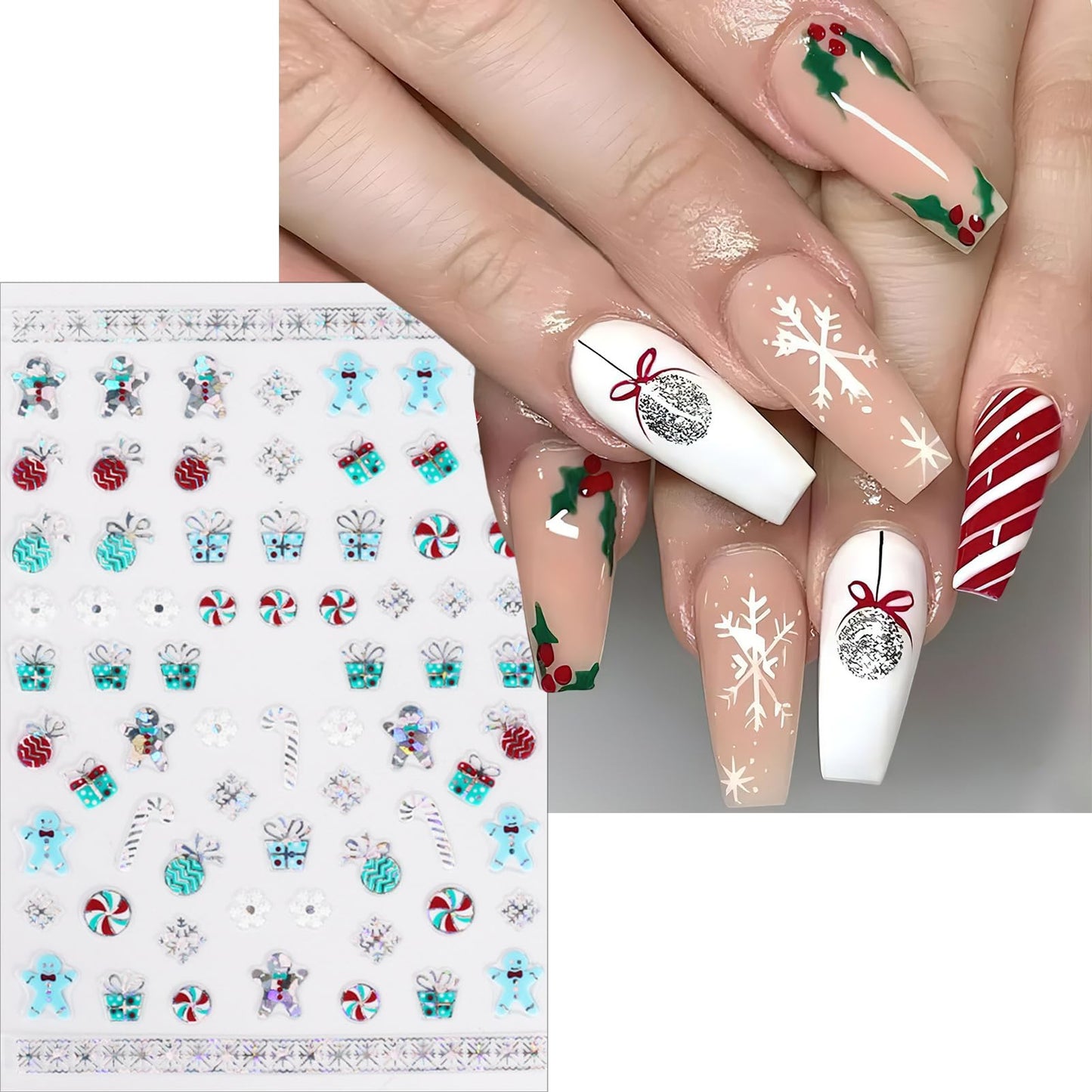 Christmas Nail Art Stickers Holographic Snowflakes Nail Decals 3D Self-Adhesive Laser Gold Silver Santa Claus Nail Sticker Cute Brazing Bell Gifts Gingerbread Man Nail Design for Women Girls 6 Sheets