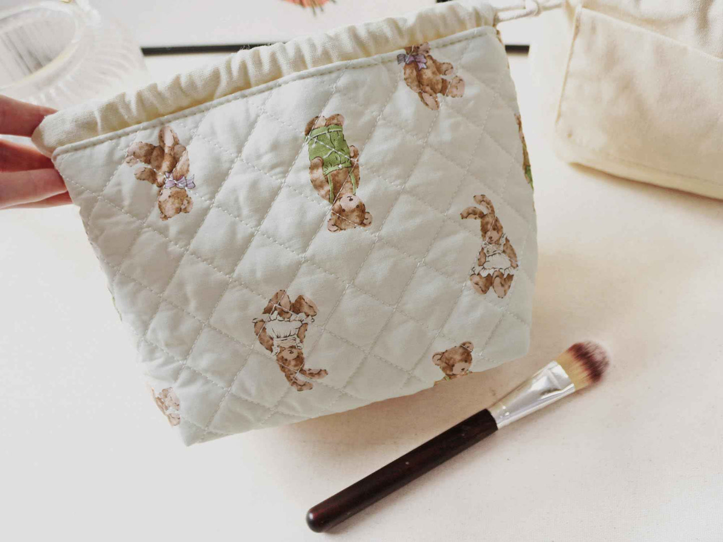 HAPPYHEIDI Quilted Cotton Drawstring Makeup Bag Set 2 Size w Compartment Cosmetic Toiletry Travel Pouch,Purse Organizer,Brown Teddy Bears