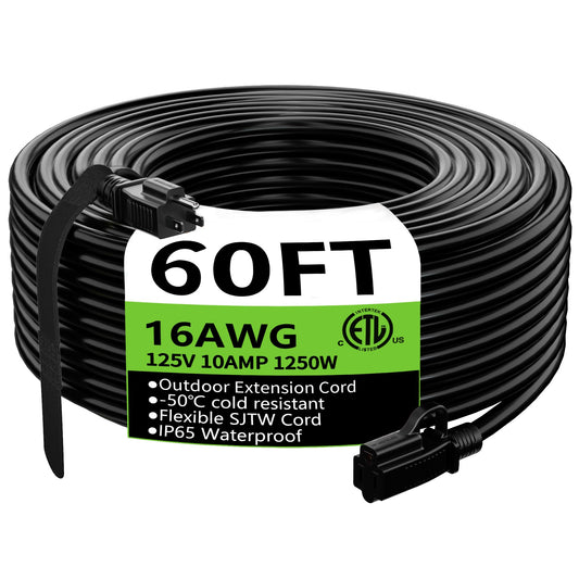 HUANCHAIN Indoor Outdoor Black Extension Cord 60 ft Waterproof, 16/3 Gauge Flexible Cold-Resistant Appliance Extension Cord Outside, 10A 1250W 16AWG SJTW, 3 Prong Heavy Duty Electric Cord, ETL