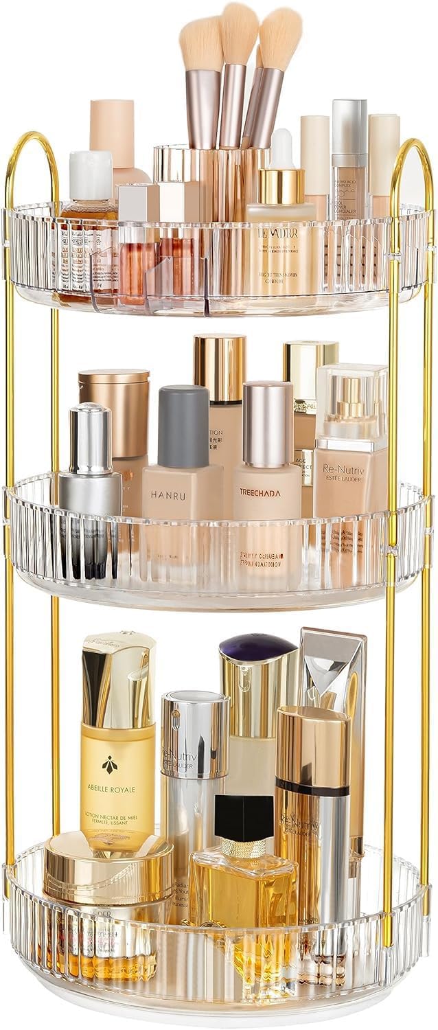 HBlife 360 Rotating Makeup Organizer, 3 Tier Perfume Organizer Skincare Organizer Large Capacity Cosmetic Storage for Bathroom, Vanity, Countertop, Clear