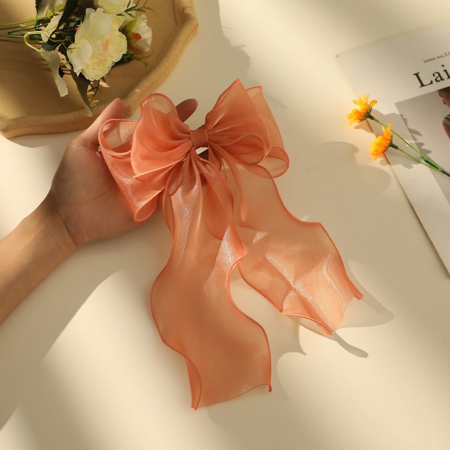 papasgix Hair Bow Clips: Big Silk Ribbon Bows in Solid Colors, Long Silk Ribbons for Women and Girls (1, Orange)