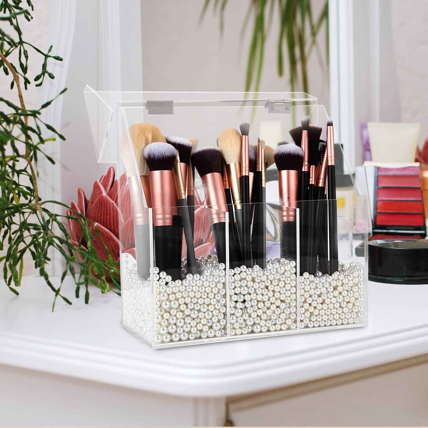Vevitts Acrylic Makeup Brush Holder, Clear Cosmetic Storage Box with 3 Brush Holders, Dust Cover, Large-Capacity Split Design for Organizing Vanity Desk