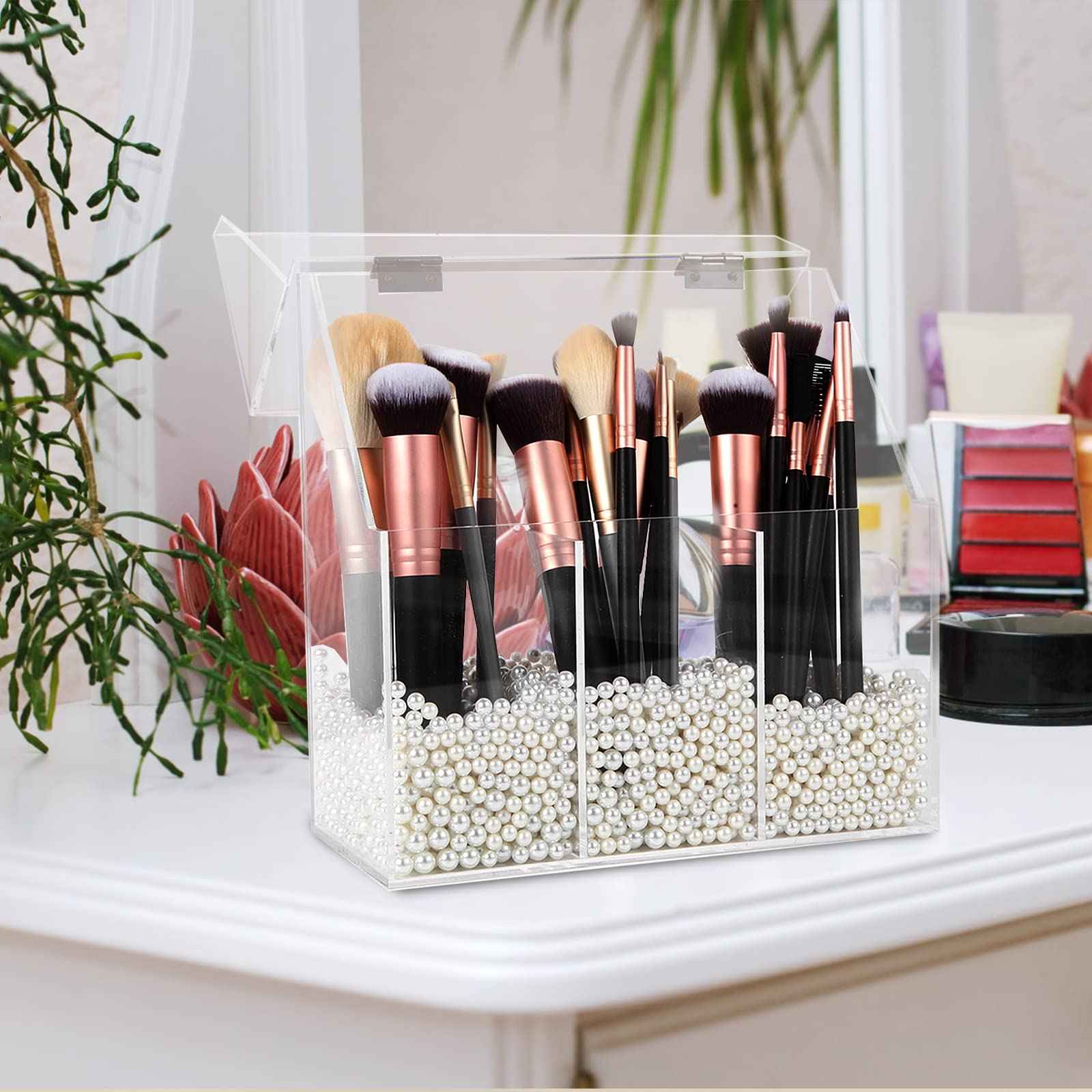 Vevitts Acrylic Makeup Brush Holder, Clear Cosmetic Storage Box with 3 Brush Holders, Dust Cover, Large-Capacity Split Design for Organizing Vanity Desk