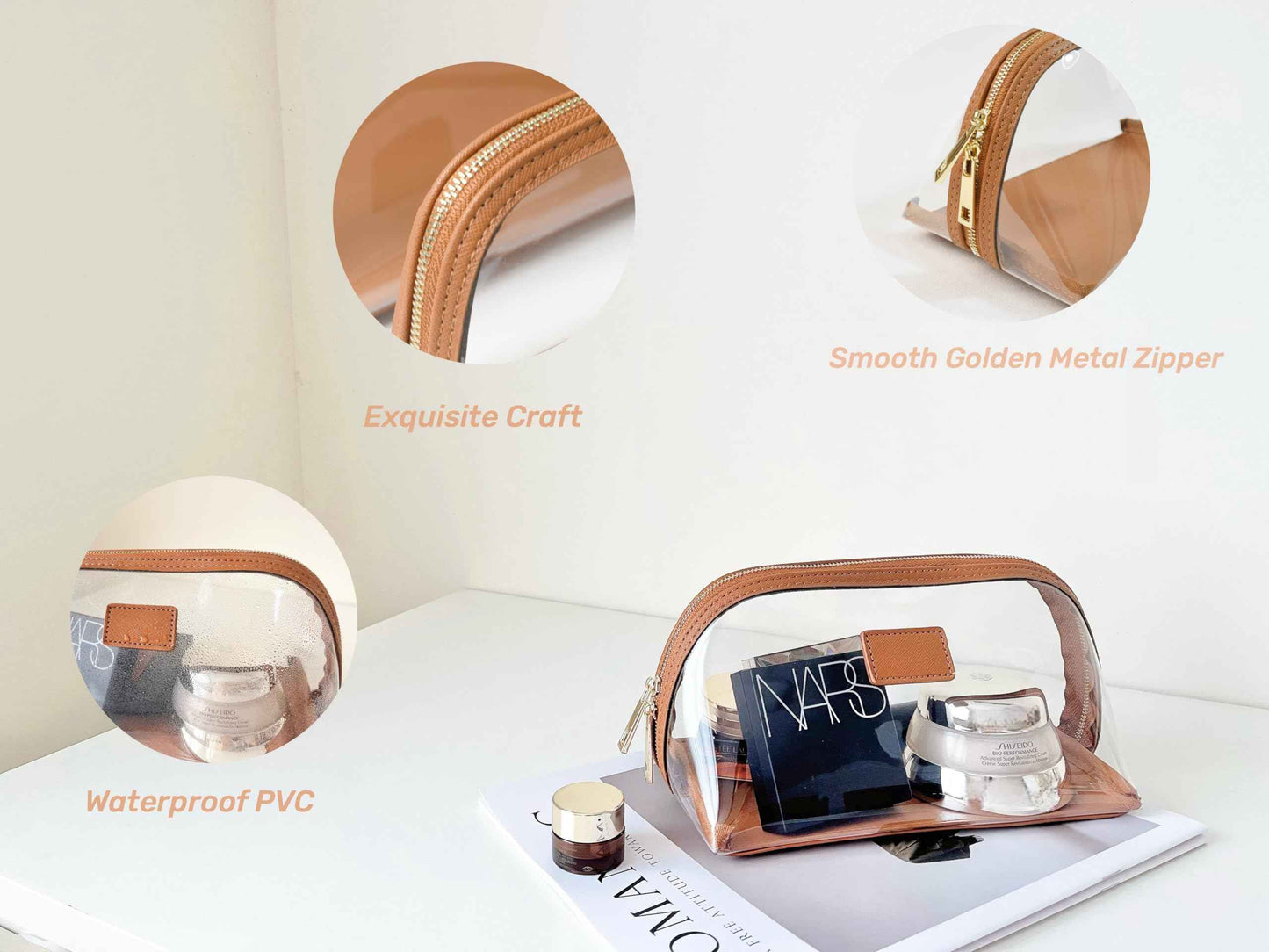 CONLINGDA Clear Makeup Bag, Leather Makeup Case, Travel Toiletry Bag, Portable Cosmetic Bag, Transparent Waterproof Cosmetic Organizer Storage Bag (Brown, Large)