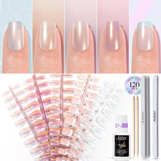 NEW Press on Nails Short, Jofay Fashion 120Pcs Salon-Like Fake Nails with French Mermaid/Pearl/Aurora Chrome Nail Designs, Glossy Artificial Acrylic False Nails, Glue on Nails Stick on Nails for Women