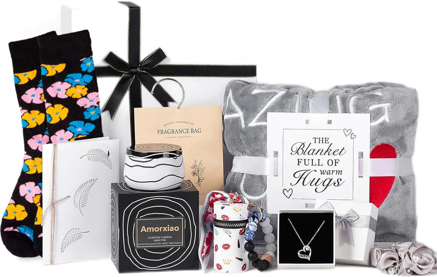 Get Well Soon Gifts for Women, Gifts for Mom, Get Well Gifts for Best Mom Grandma Wife Friendship, 8pcs Care Package with Luxury Flannel Blanket, Aromatherapy Candle, necklace, lipstick bracelet bag