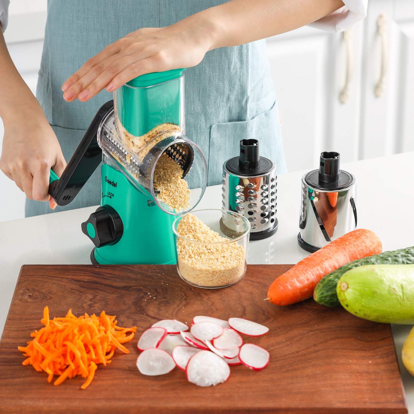 Geedel Rotary Cheese Grater with 3 Interchangeable Blades, Kitchen Mandoline Vegetable Slicer for Fruit, Nuts , Easy to Clean