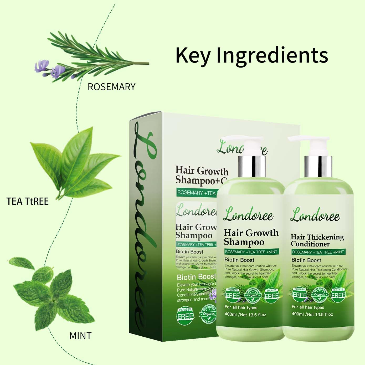 Rosemary Hair Growth Shampoo & Conditioner - Thickening & Re-Growth Formula for Men & Women,(400ml) Mint Strengthening Rosemary Set with Tea Tree For Hair Loss (Rosemary Shampoo & Conditioner)