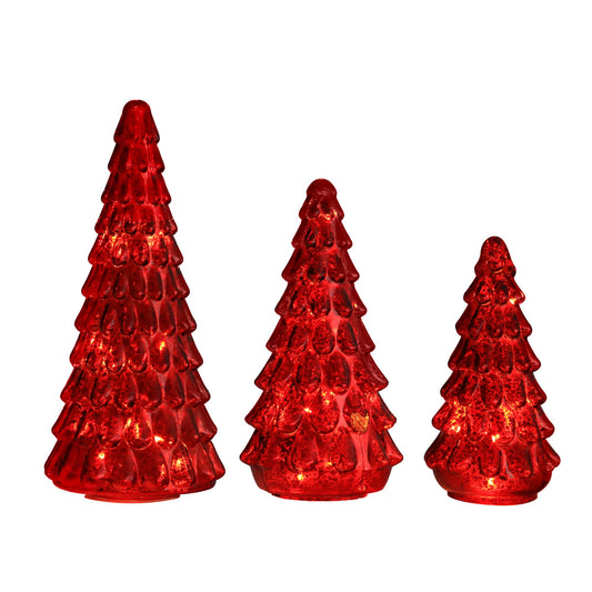 Costyleen 3PCS Christmas Ornaments Tree Set, Tower Shaped Glass Xmas Tree, Mercury Glass Tabletop Christmas Tree Decoration with LED Lights Home Table Decor Festive Gift 11.8in, 10.23in, 7.8in, Red