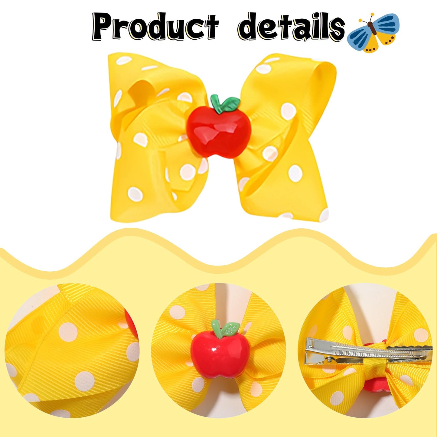 Back to School Hair Clips Fruit Hair Clip Cute Hair Bows Yellow Bow for Girls Hairpin for Toddler Pigtail Hair Barrettes Hairpins for Women Kids First Day of School Hair Accessories for Teacher 2PCS