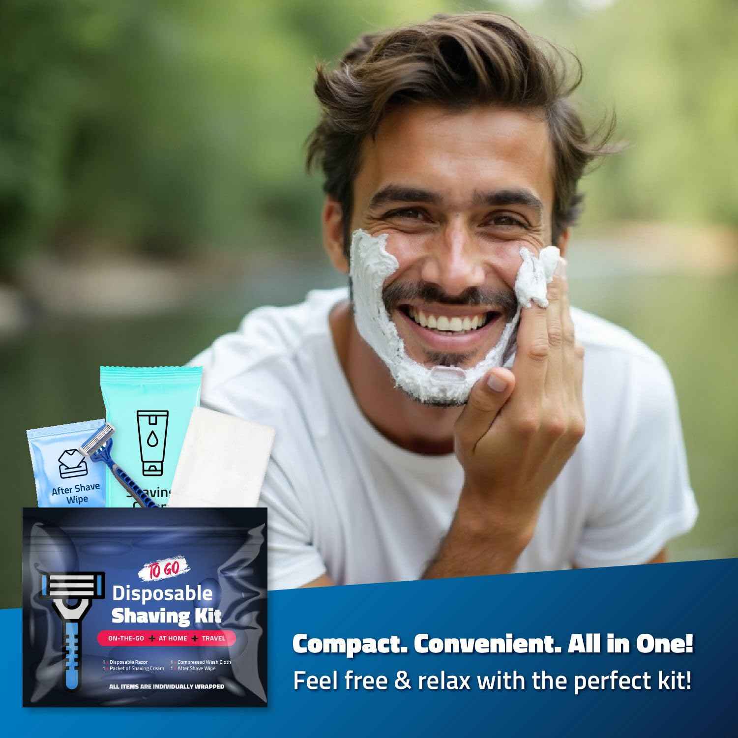 On-the-Go Shaving Kit – Disposable Razor, Shaving Cream, Washcloth & Aftershave Wipe – Travel Friendly, Grooming Essentials for Hygiene when on the Go - Black (10)