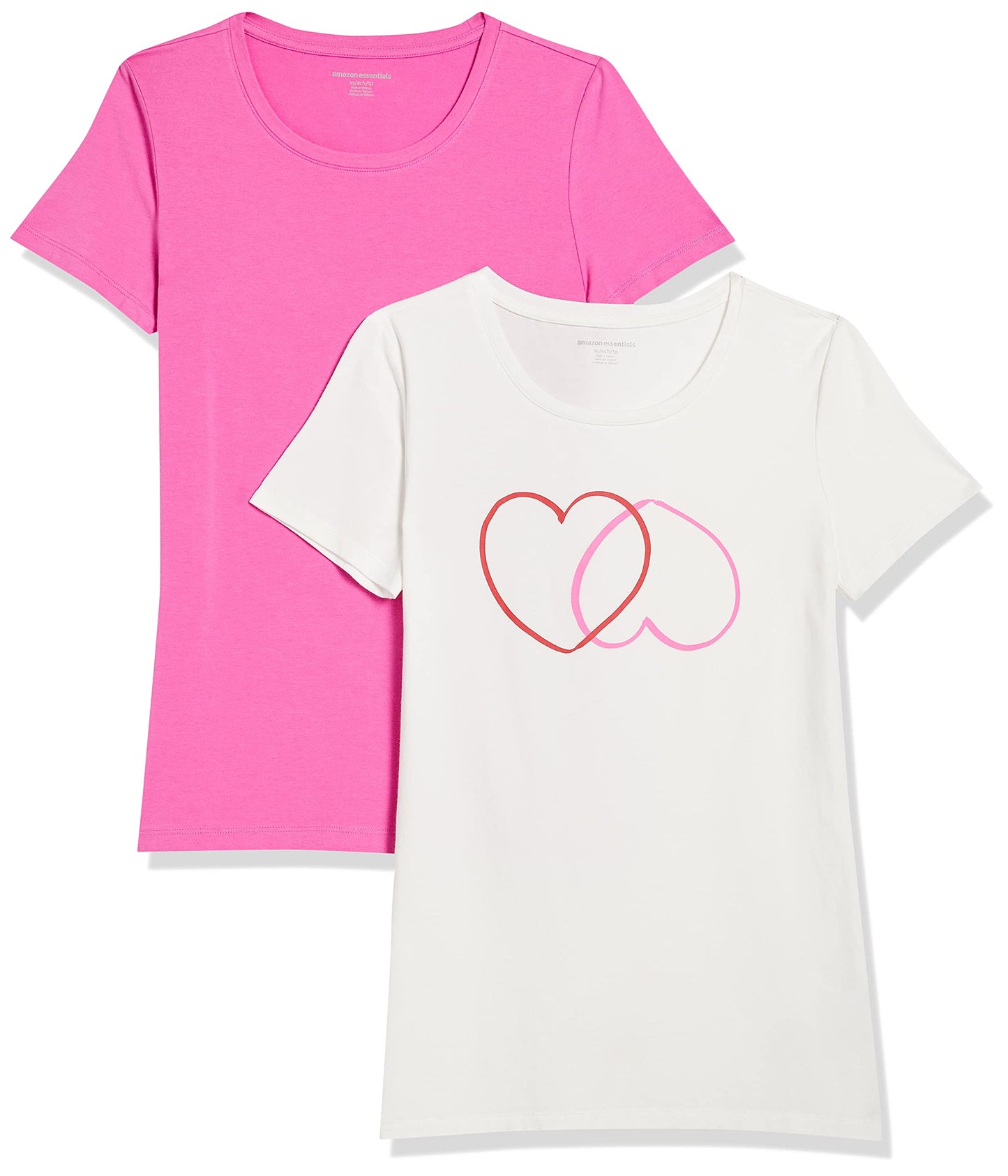 Amazon Essentials Women's Classic-Fit Short-Sleeve Crewneck T-Shirt, Pack of 2, Pink/White Hearts, Small