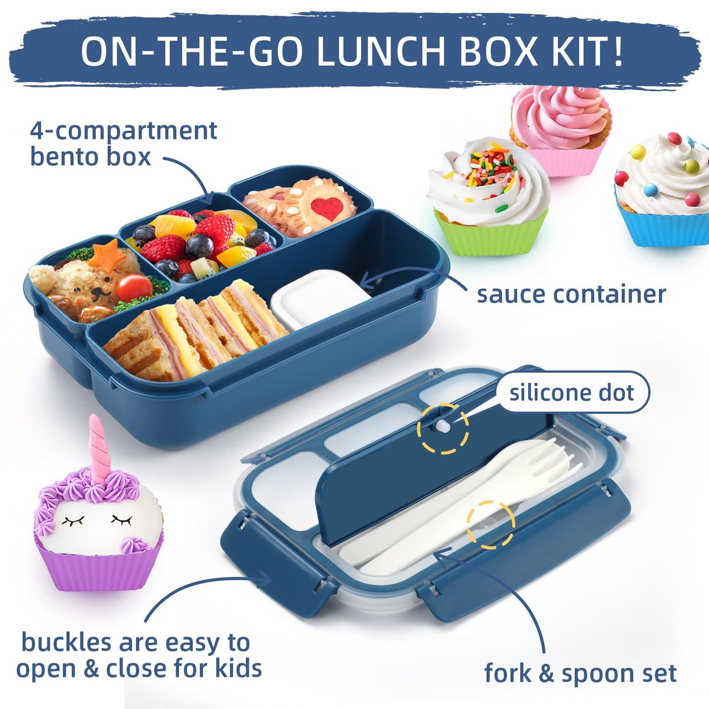 QQKO Bento Box Adult Lunch Box, Lunch Containers for Adults Men Women, Kids Lunch Boxes for School with 4 Compartments, Sauce Container, Utensils and Muffin Cups, Navy