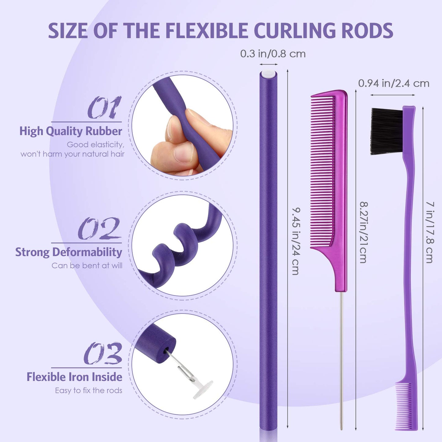 36 Pieces Flexible Foam Curling Rods Twist Foam Hair Roller Bendy Rollers Soft No Heat Hair Rollers and Hair Edge Brush Rat Tail Comb for Women Girls Short, Medium, Long Hair (Purple,0.32 x 9.4 Inch)