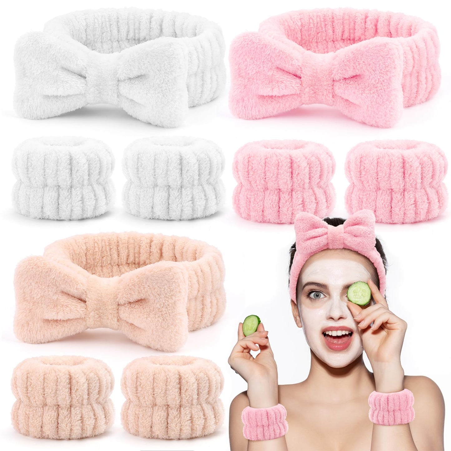 EIMMBD 9 PCS Microfiber Face Wash Headband Wristband Set, Spa Headbands Makeup Skincare Headbands Wrist Bands for Washing Face, Pink Beige White