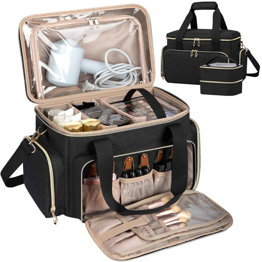 Large Makeup Bag, Portable Travel Makeup Bag Organizer for Women Girls with 2 Removable Pouches & Detachable Dividers, Cosmetic Travel Bag, Toiletry Bag for Makeup and Hair Supplies Black